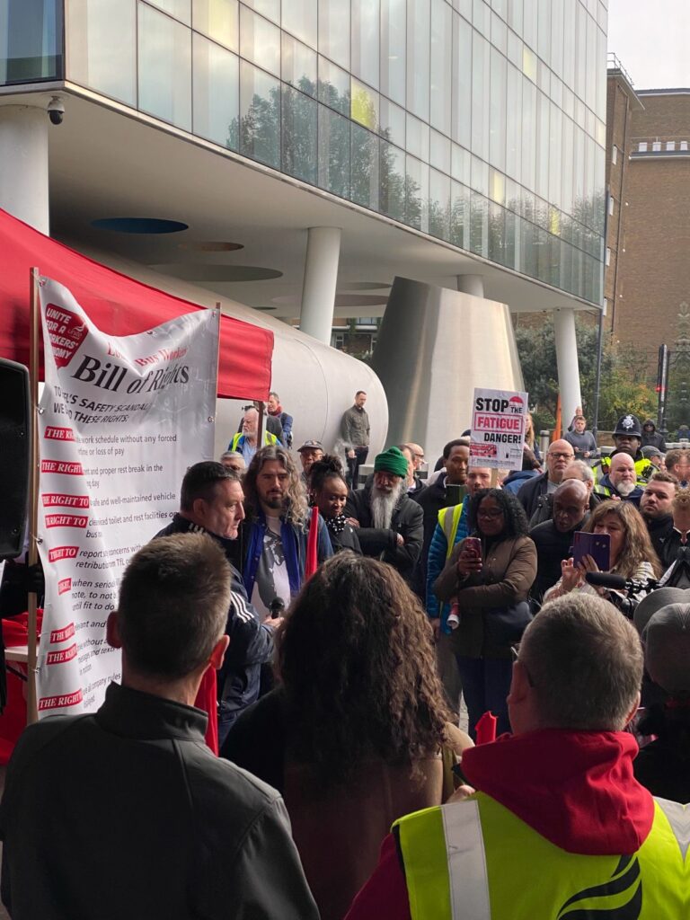 Kev Mustafa Bus Activist speaking at rally outside Palestra House, TfL HQ.